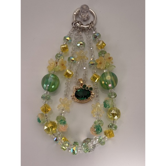 Handmade Accessories - Green Cat Phone Wristlet Charm Beaded Crystal Floral Pearl Purse Bag Keychain